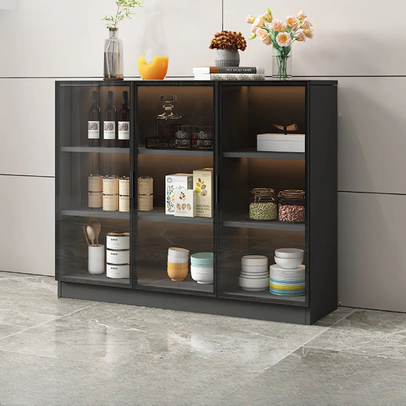 Grand buffet en bois et verre noir à 3 étagères avec éclairage LED