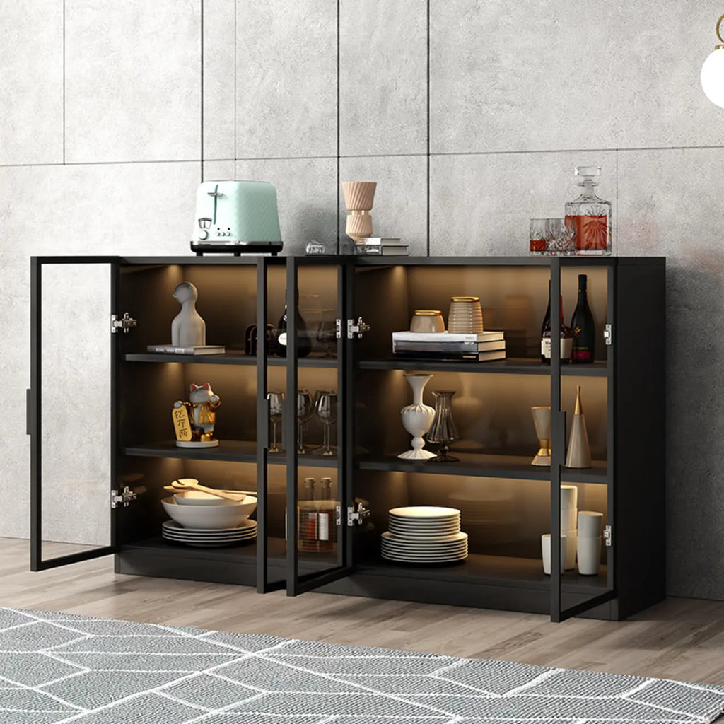 Grand buffet en bois et verre noir à 3 étagères avec éclairage LED