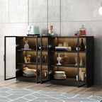 Grand buffet en bois et verre noir à 3 étagères avec éclairage LED