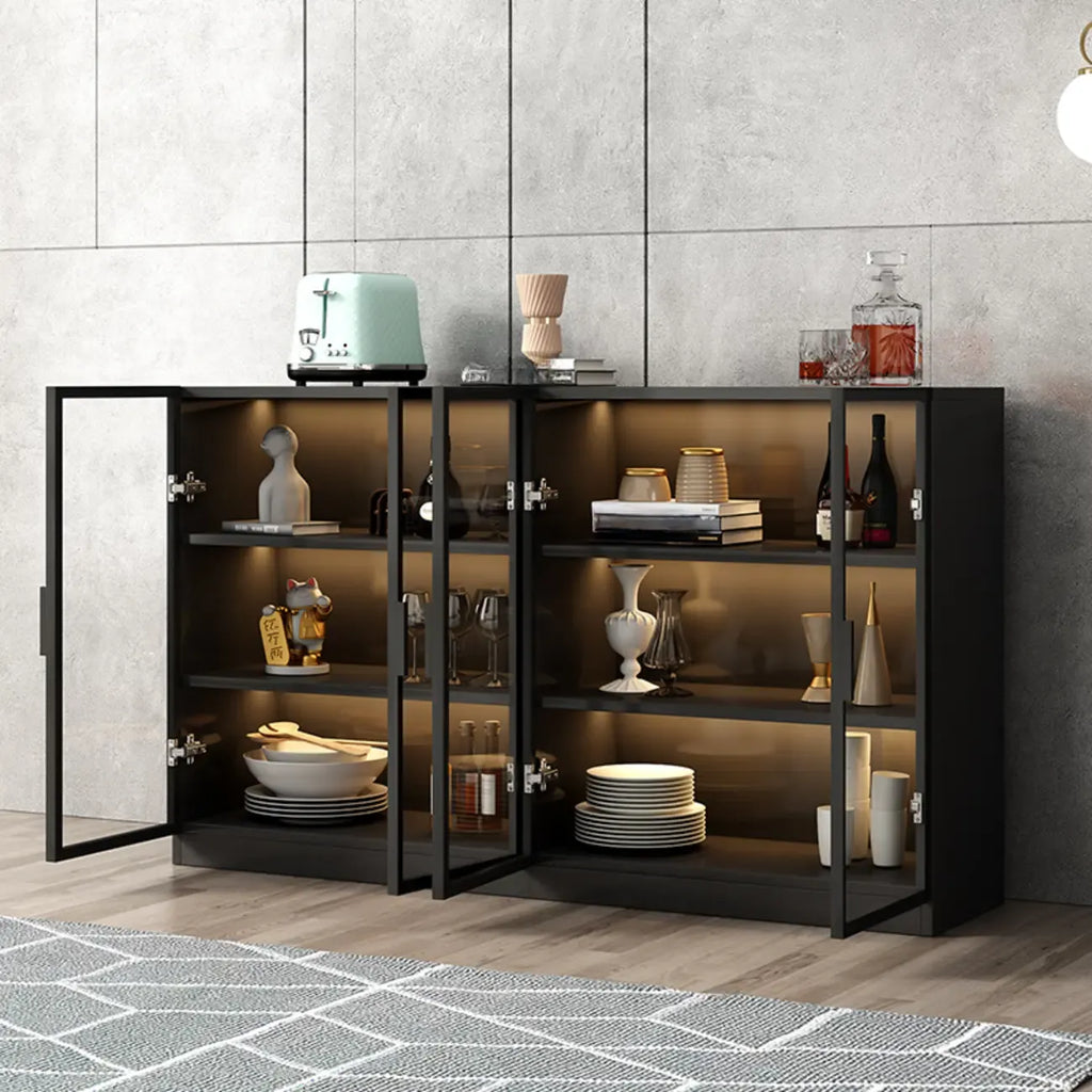 Grand buffet en bois et verre noir à 3 étagères avec éclairage LED
