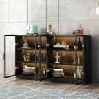 Grand buffet en bois et verre noir à 3 étagères avec éclairage LED