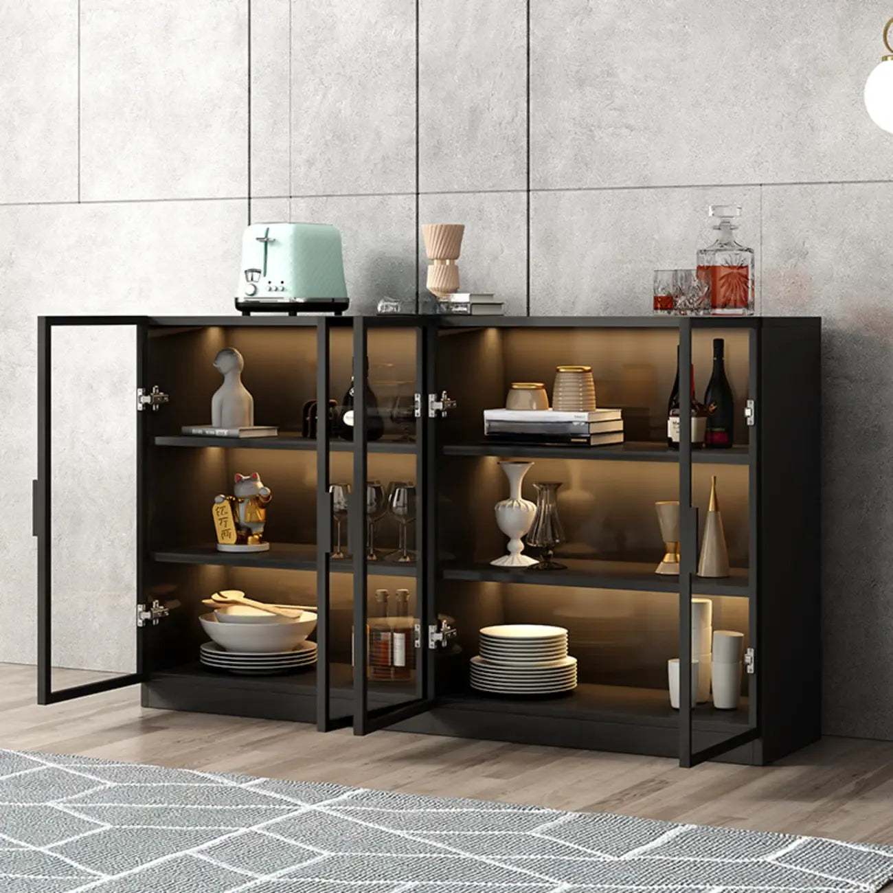 Grand buffet en bois et verre noir à 3 étagères avec éclairage LED