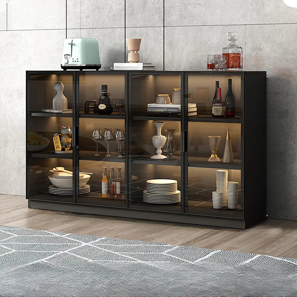 Grand buffet en bois et verre noir à 3 étagères avec éclairage LED