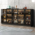 Grand buffet en bois et verre noir à 3 étagères avec éclairage LED