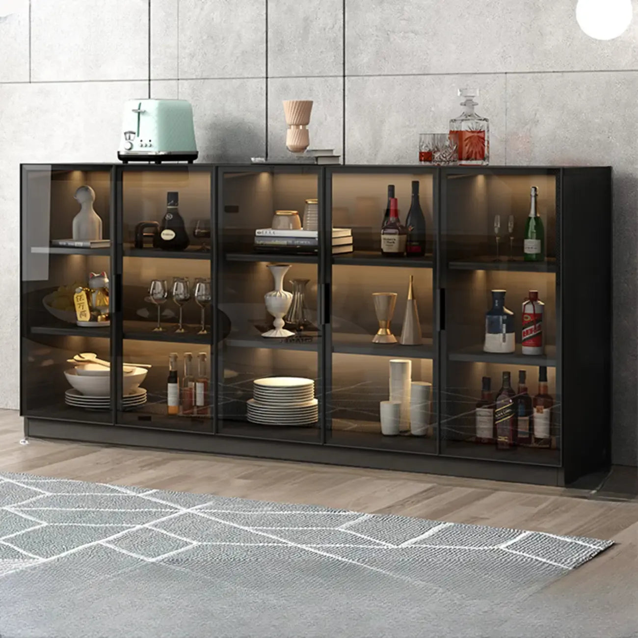 Grand buffet en bois et verre noir à 3 étagères avec éclairage LED