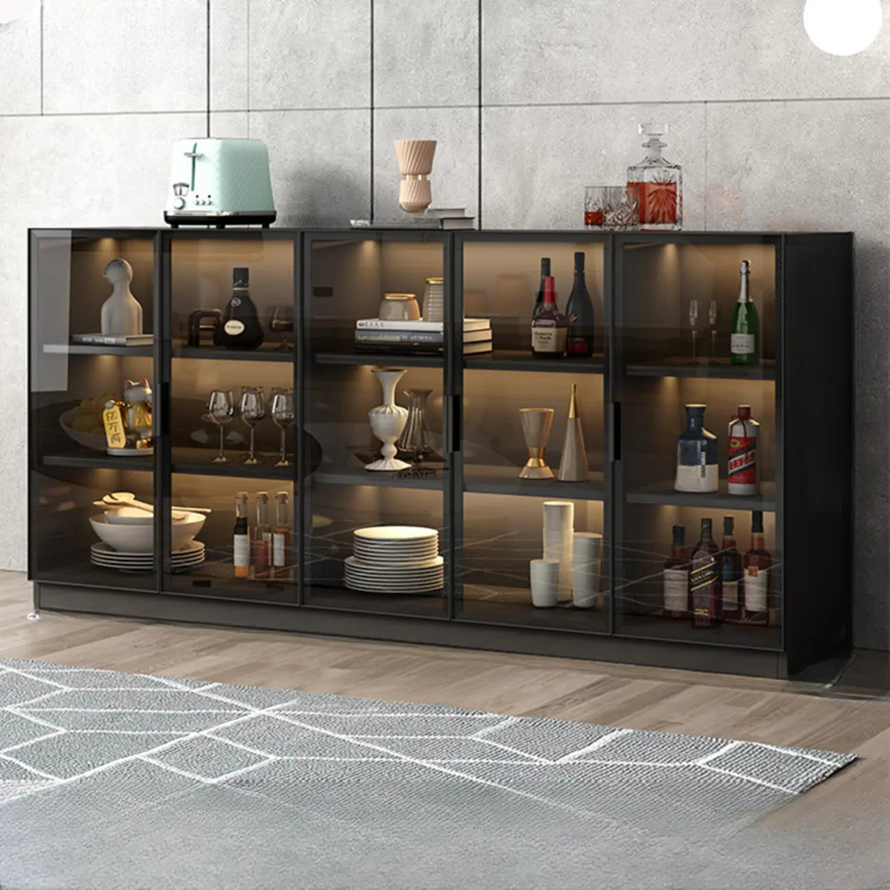 Grand buffet en bois et verre noir à 3 étagères avec éclairage LED