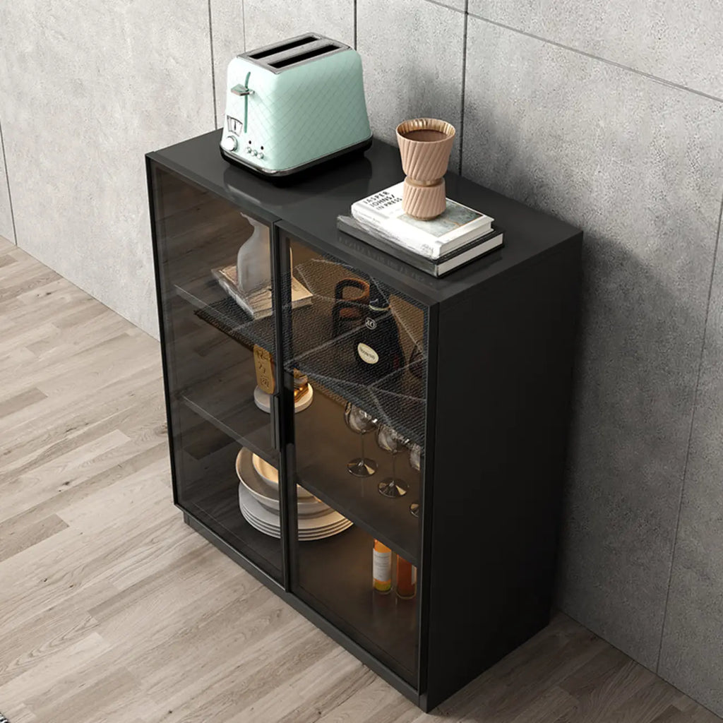 Grand buffet en bois et verre noir à 3 étagères avec éclairage LED