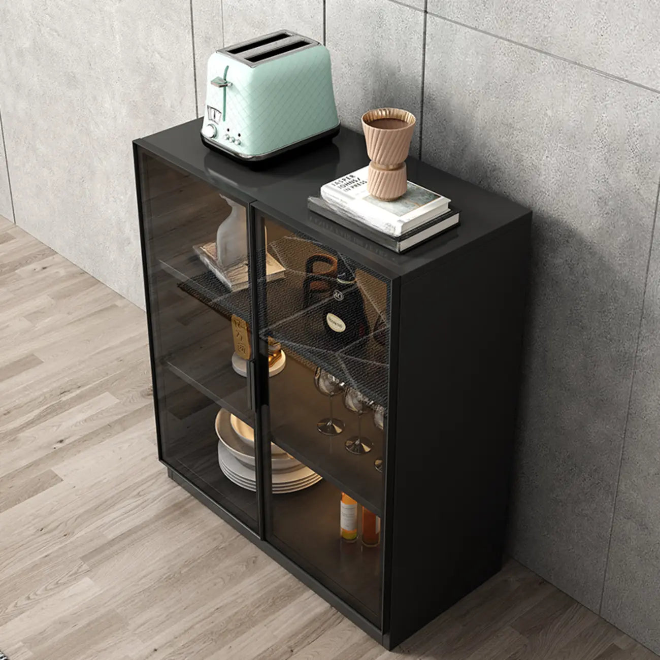 Grand buffet en bois et verre noir à 3 étagères avec éclairage LED