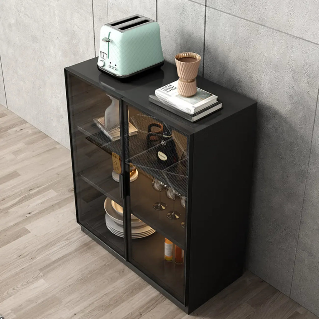 Grand buffet en bois et verre noir à 3 étagères avec éclairage LED