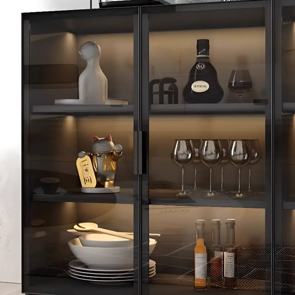 Grand buffet en bois et verre noir à 3 étagères avec éclairage LED