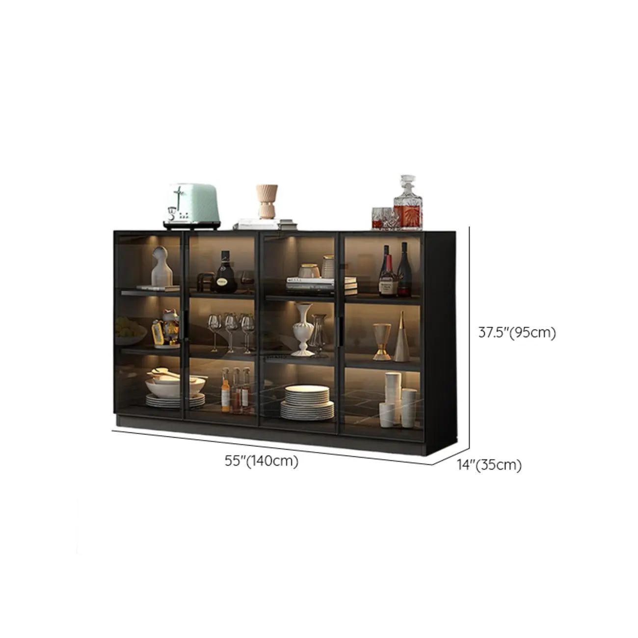 Grand buffet en bois et verre noir à 3 étagères avec éclairage LED