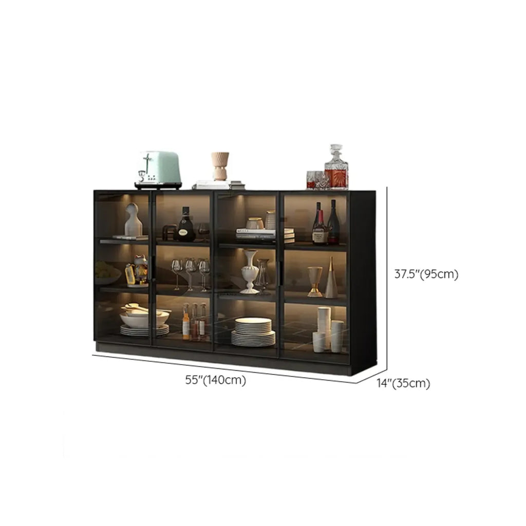 Grand buffet en bois et verre noir à 3 étagères avec éclairage LED
