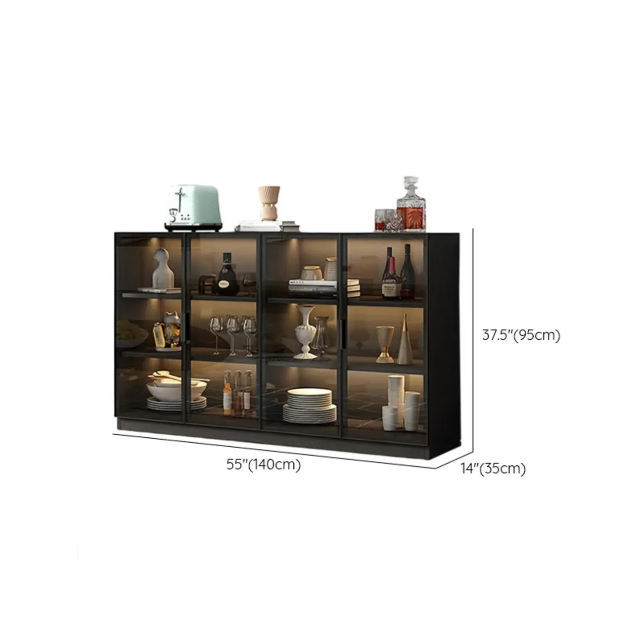 Grand buffet en bois et verre noir à 3 étagères avec éclairage LED