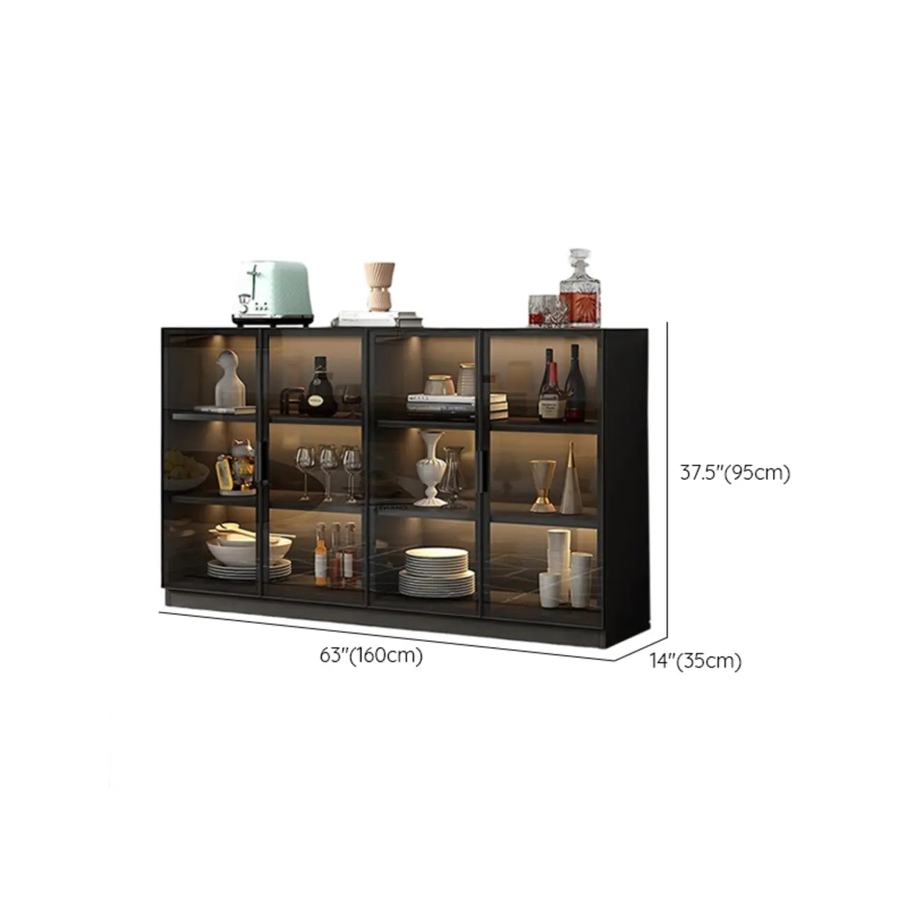 Grand buffet en bois et verre noir à 3 étagères avec éclairage LED