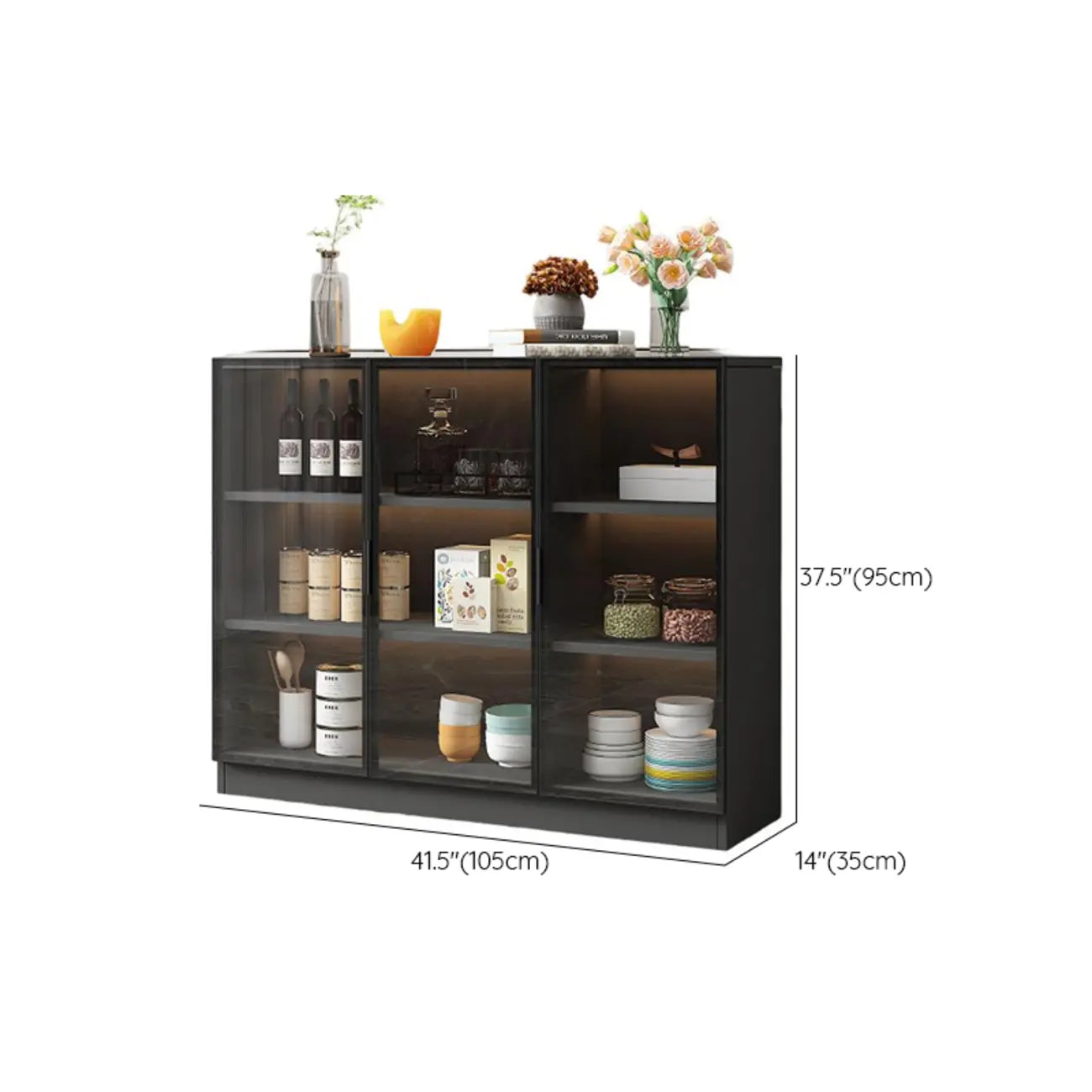 Grand buffet en bois et verre noir à 3 étagères avec éclairage LED