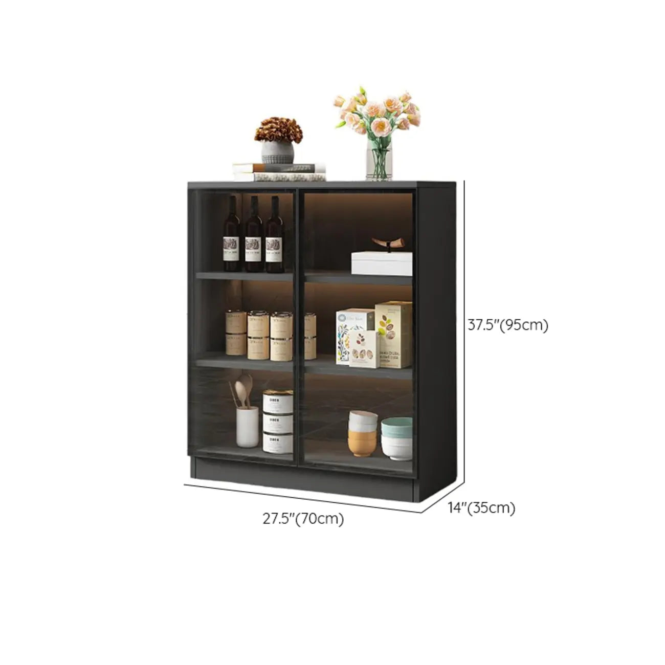Grand buffet en bois et verre noir à 3 étagères avec éclairage LED