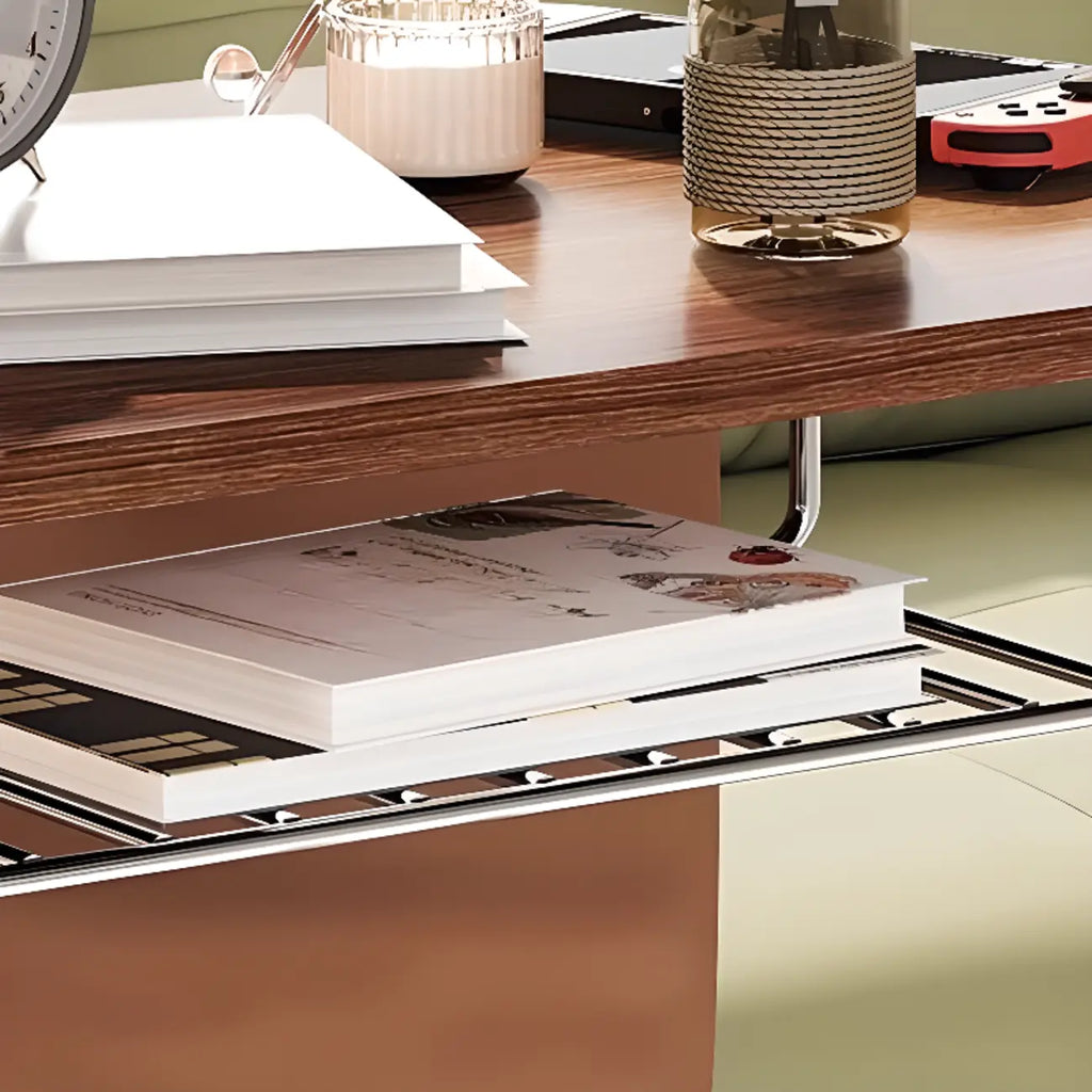 Table d'appoint en forme de C avec plateau en bois brun et roulettes