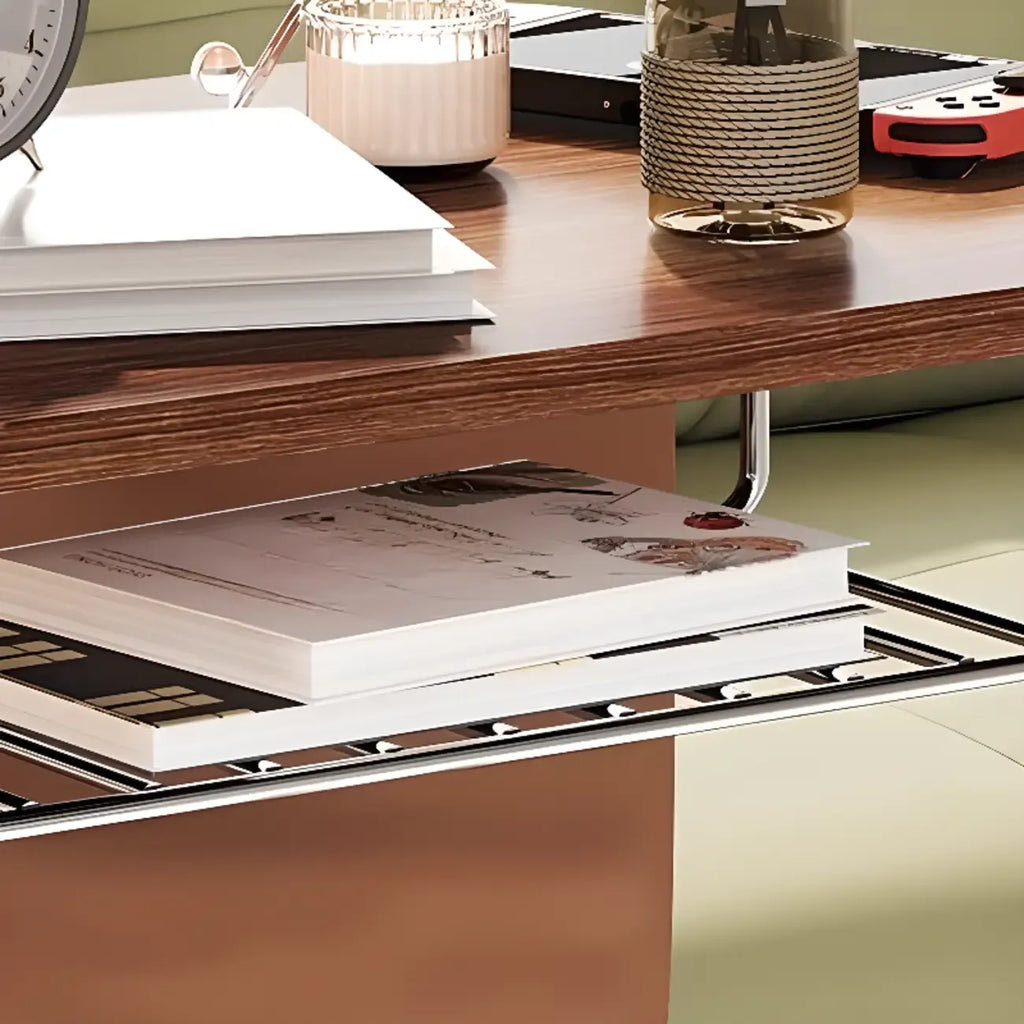 Table d'appoint en forme de C avec plateau en bois brun et roulettes