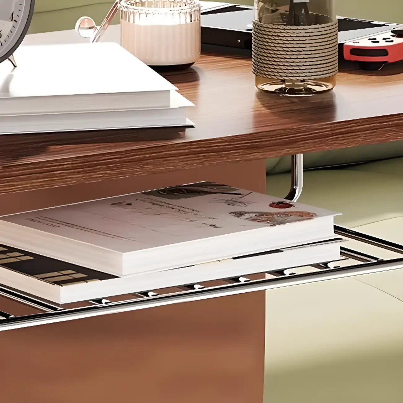 Table d'appoint en forme de C avec plateau en bois brun et roulettes