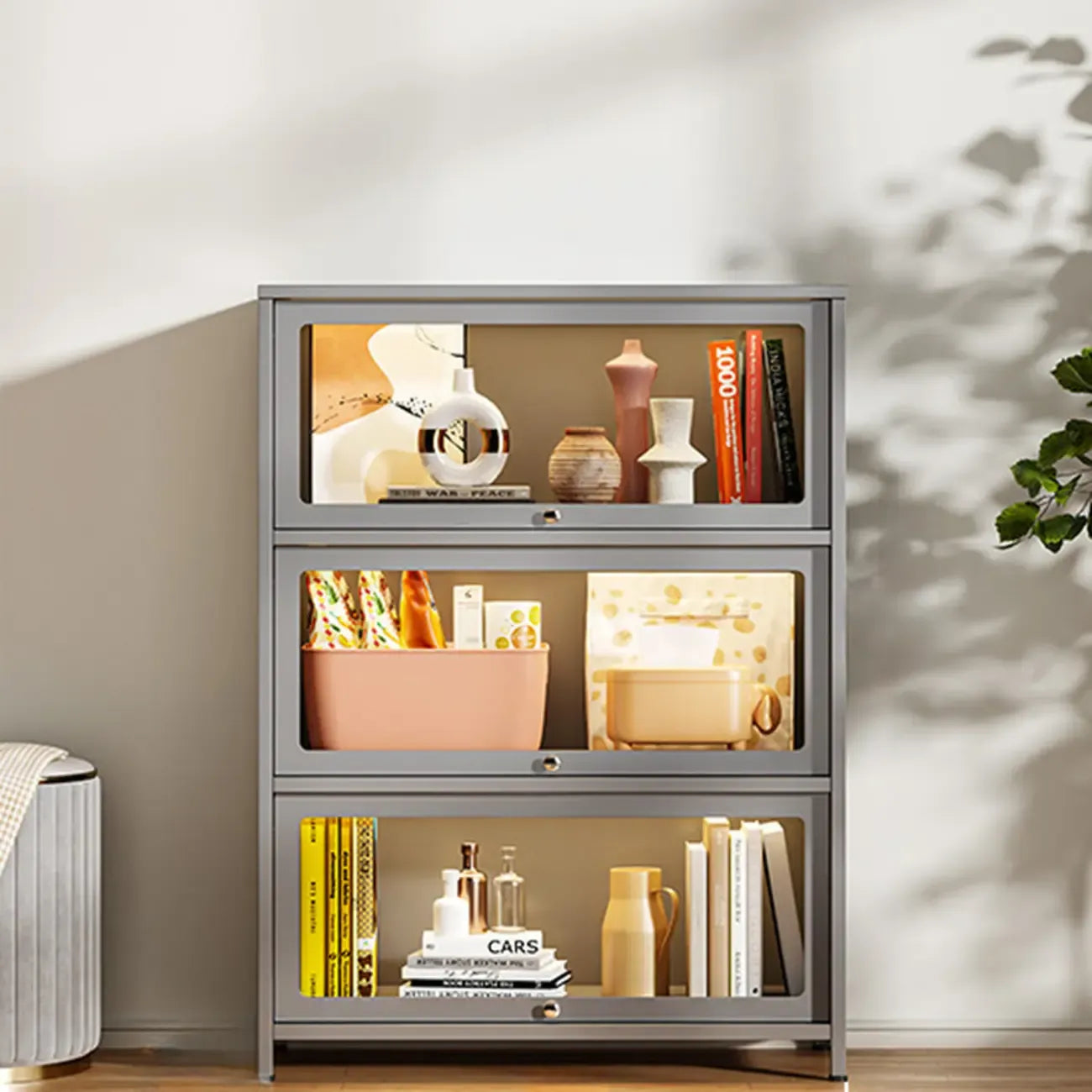 Vitrine moderne sur pied à 5 niveaux avec couvercle rabattable