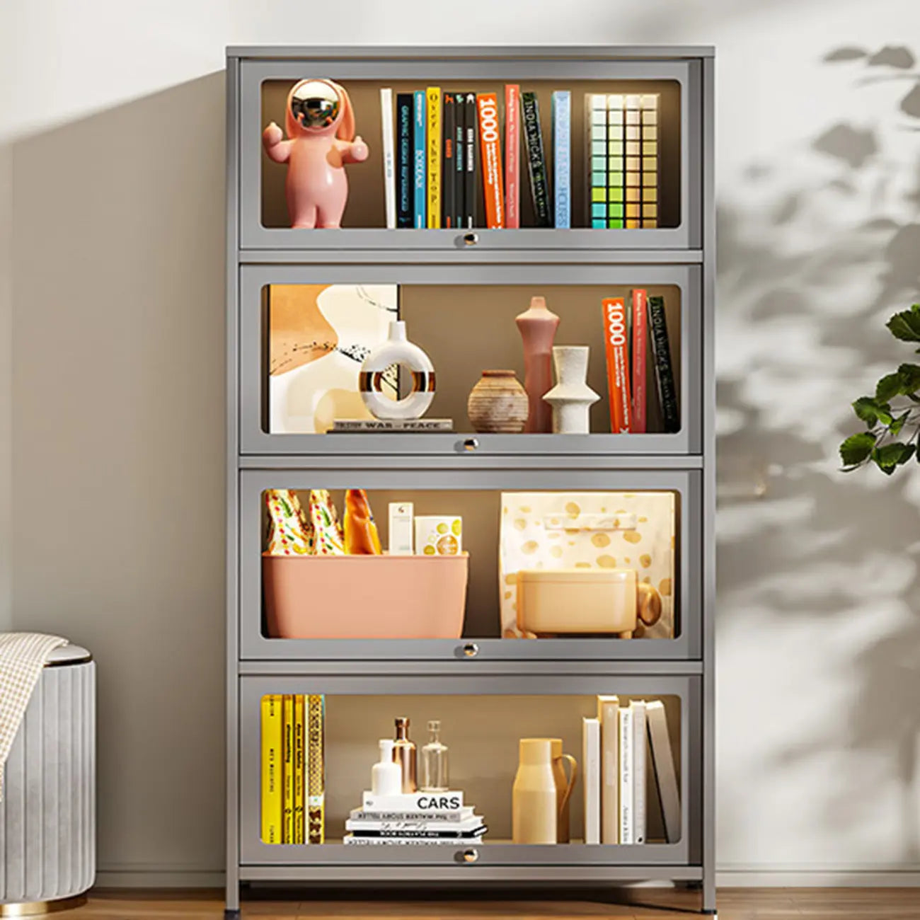 Vitrine moderne sur pied à 5 niveaux avec couvercle rabattable