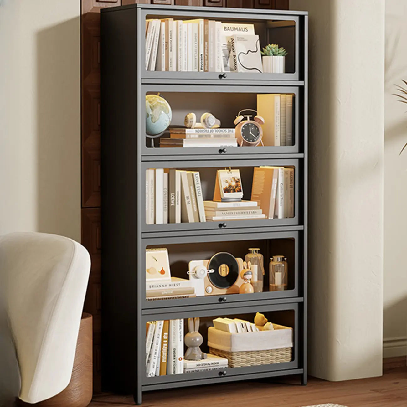 Vitrine moderne sur pied à 5 niveaux avec couvercle rabattable