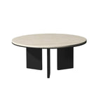 Table basse ronde minimaliste en travertin beige avec piètement en bois