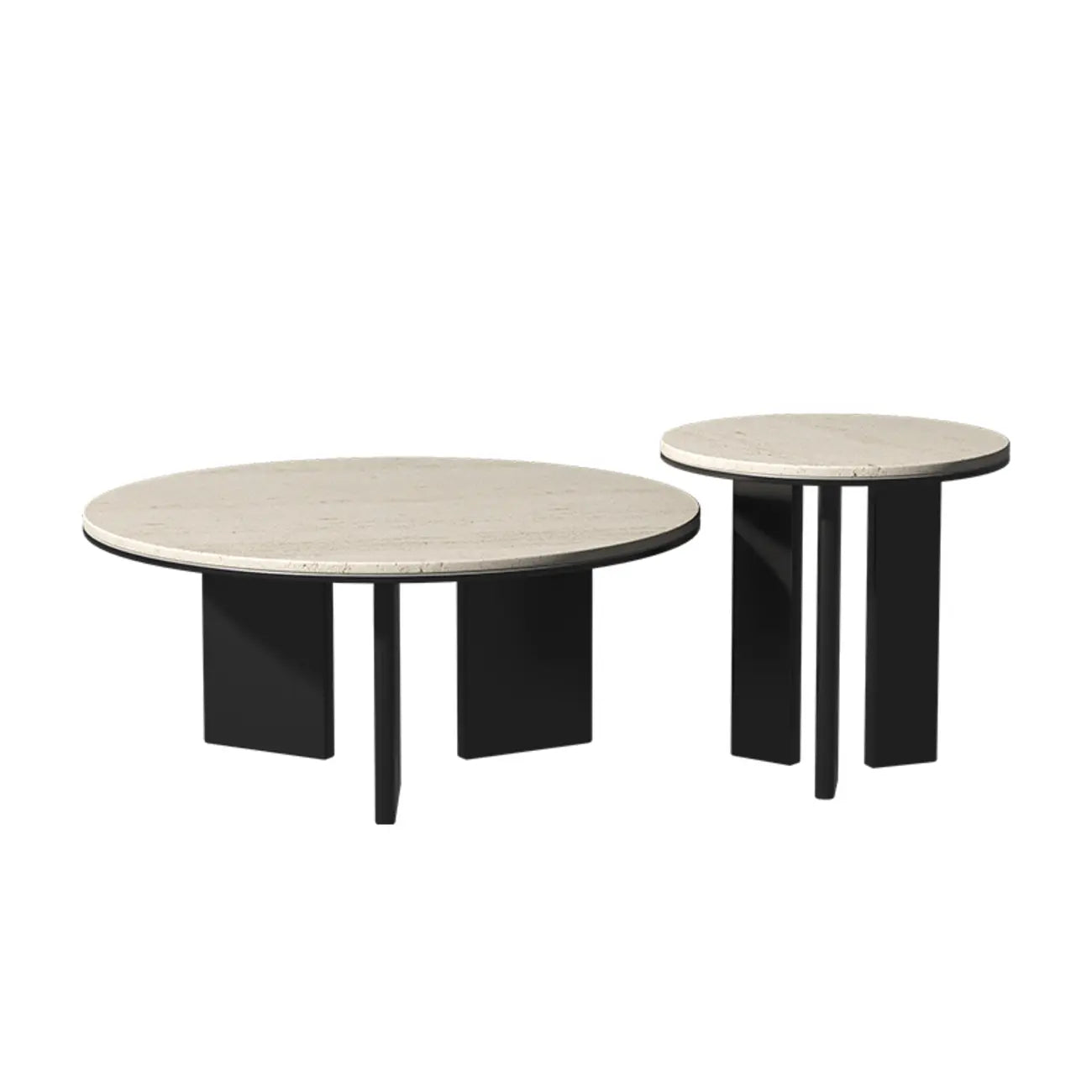 Table basse ronde minimaliste en travertin beige avec piètement en bois