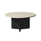 Table basse ronde minimaliste en travertin beige avec piètement en bois