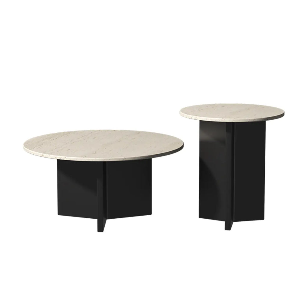 Table basse ronde minimaliste en travertin beige avec piètement en bois