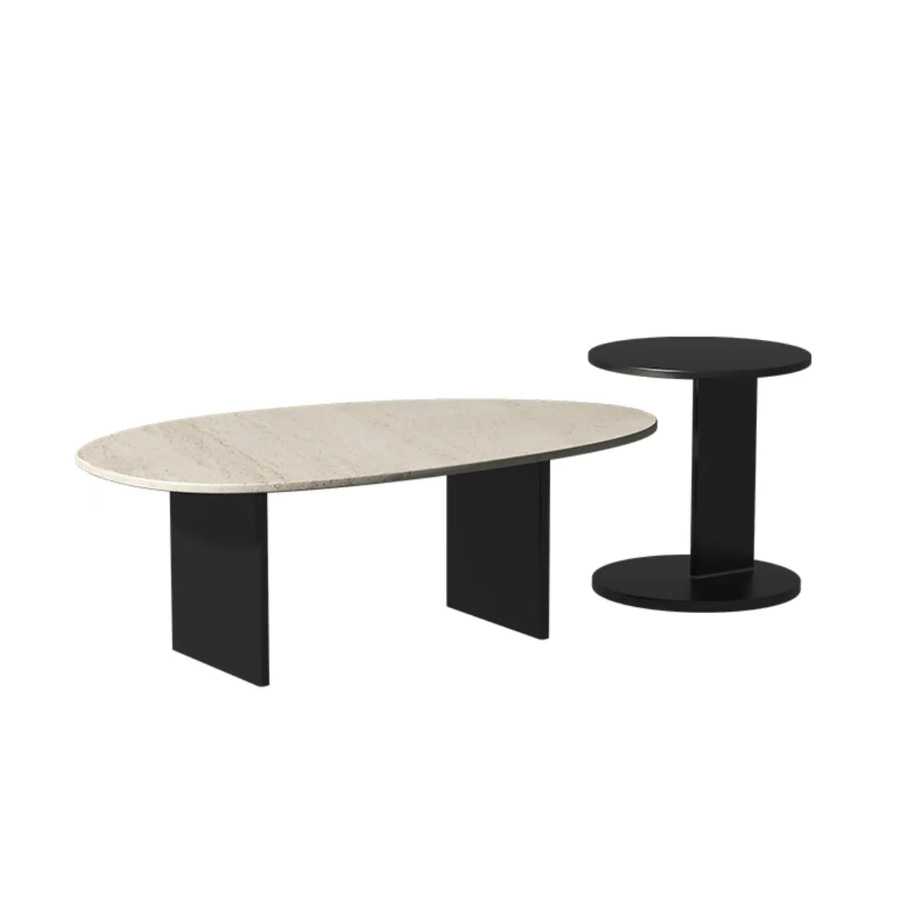 Table basse ronde minimaliste en travertin beige avec piètement en bois