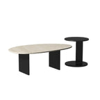 Table basse ronde minimaliste en travertin beige avec piètement en bois