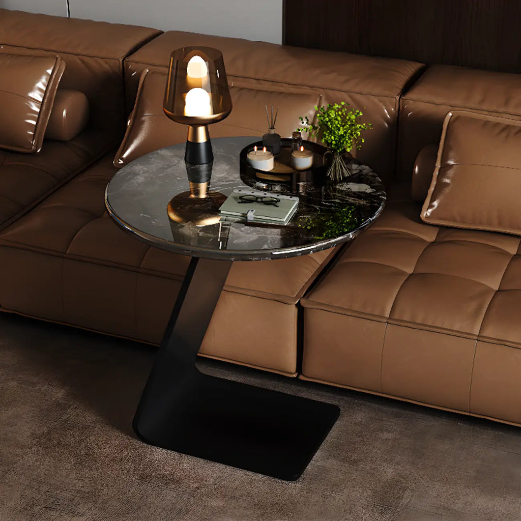 Table d'appoint ronde en marbre noir en forme de C pour salon