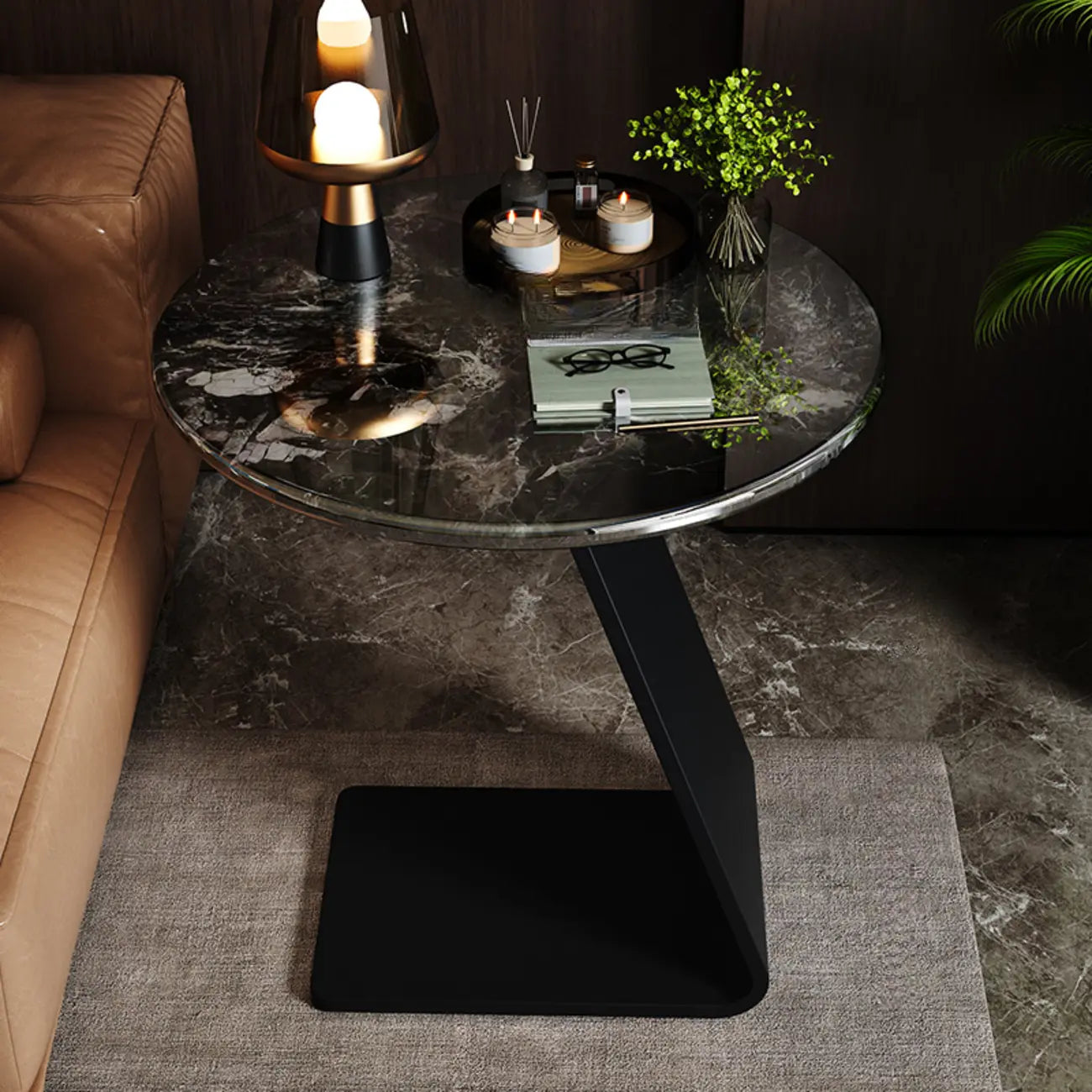 Table d'appoint ronde en marbre noir en forme de C pour salon