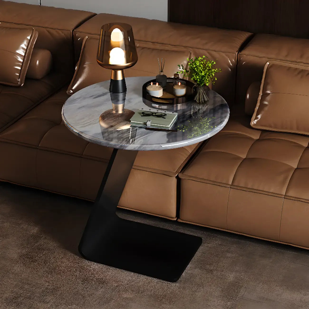 Table d'appoint ronde en marbre noir en forme de C pour salon