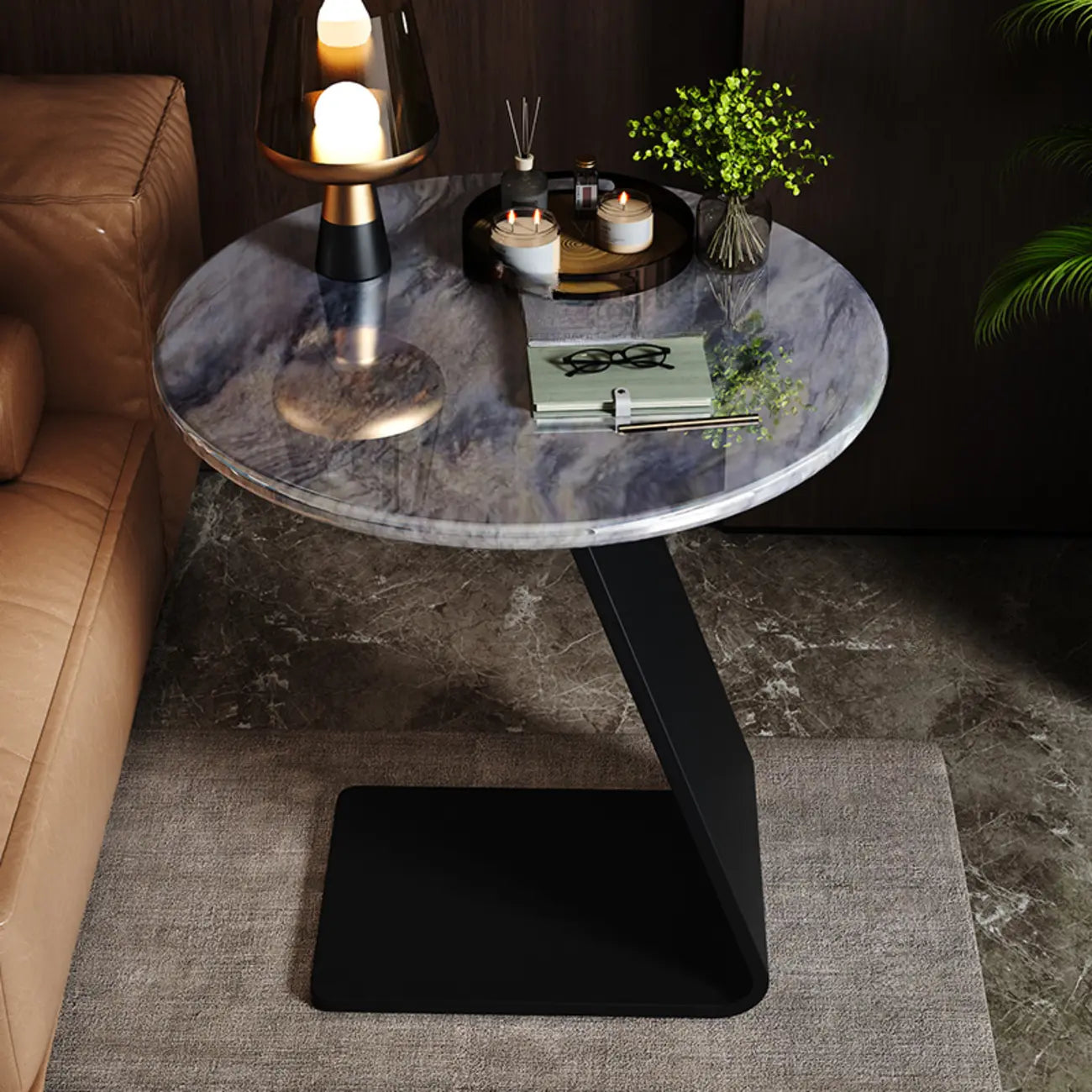 Table d'appoint ronde en marbre noir en forme de C pour salon