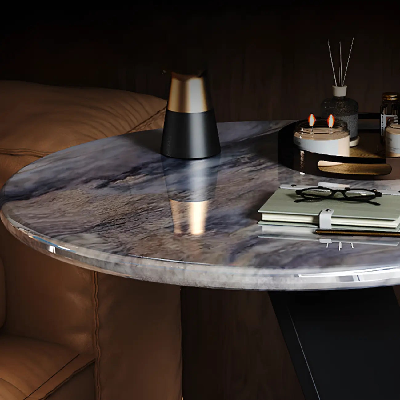 Table d'appoint ronde en marbre noir en forme de C pour salon