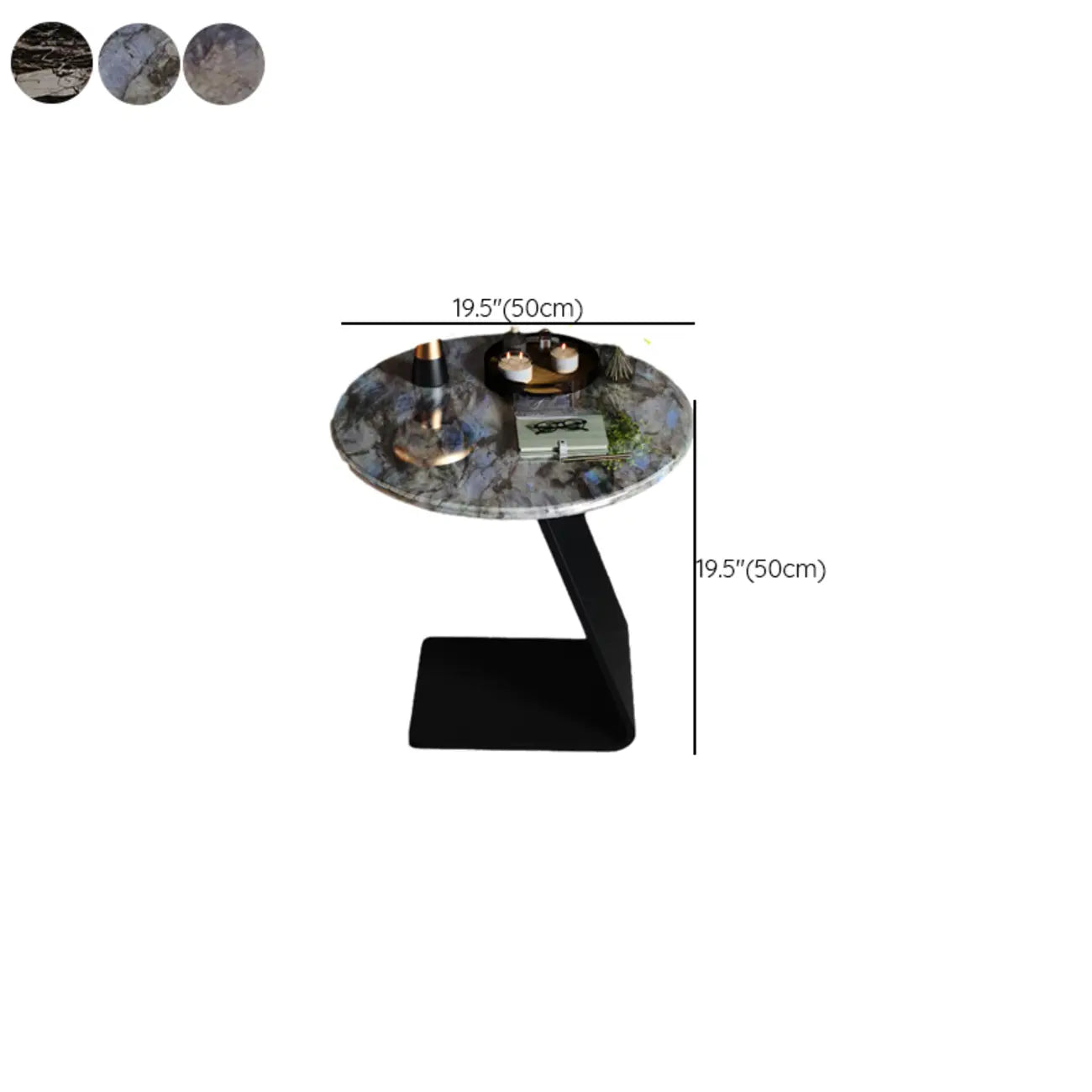 Table d'appoint ronde en marbre noir en forme de C pour salon