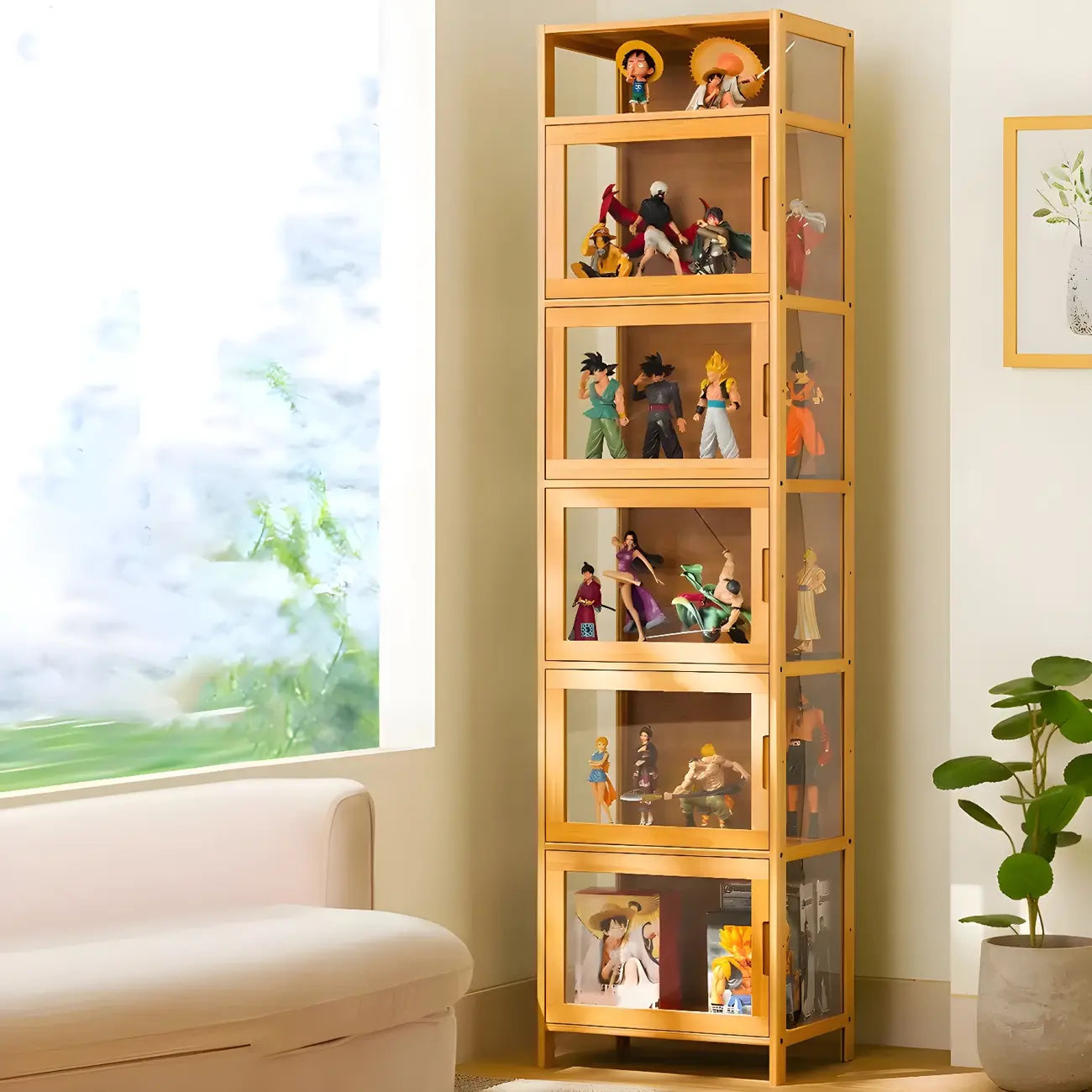 Vitrine haute moderne en bambou avec portes vitrées