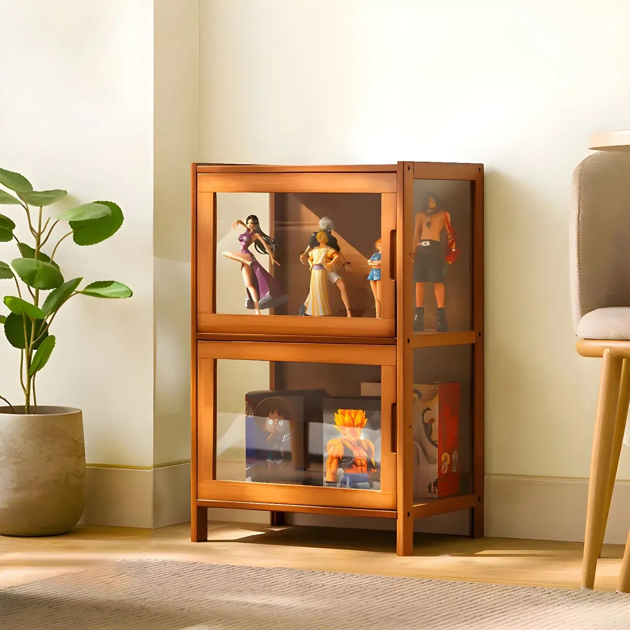 Vitrine haute moderne en bambou avec portes vitrées