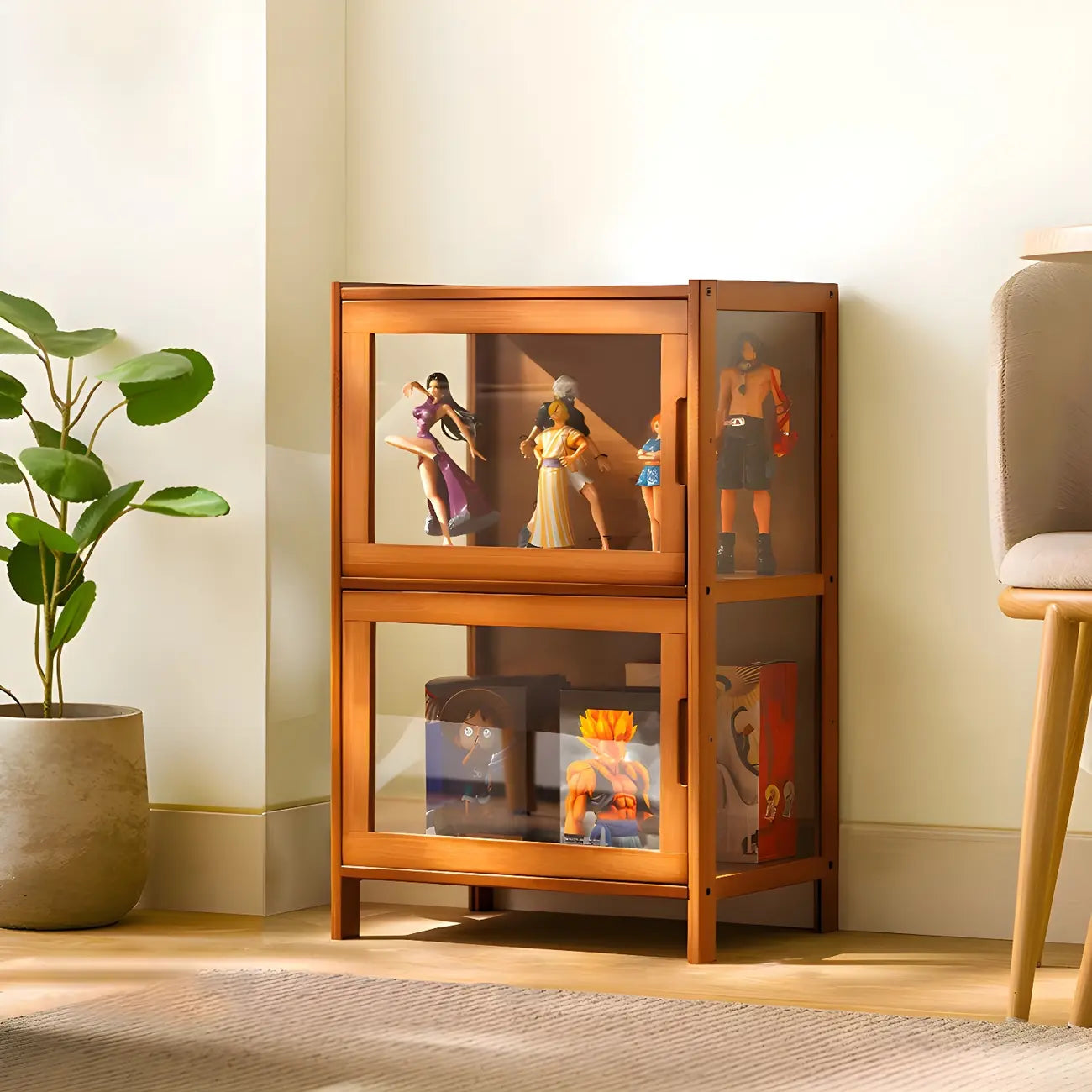 Vitrine haute moderne en bambou avec portes vitrées
