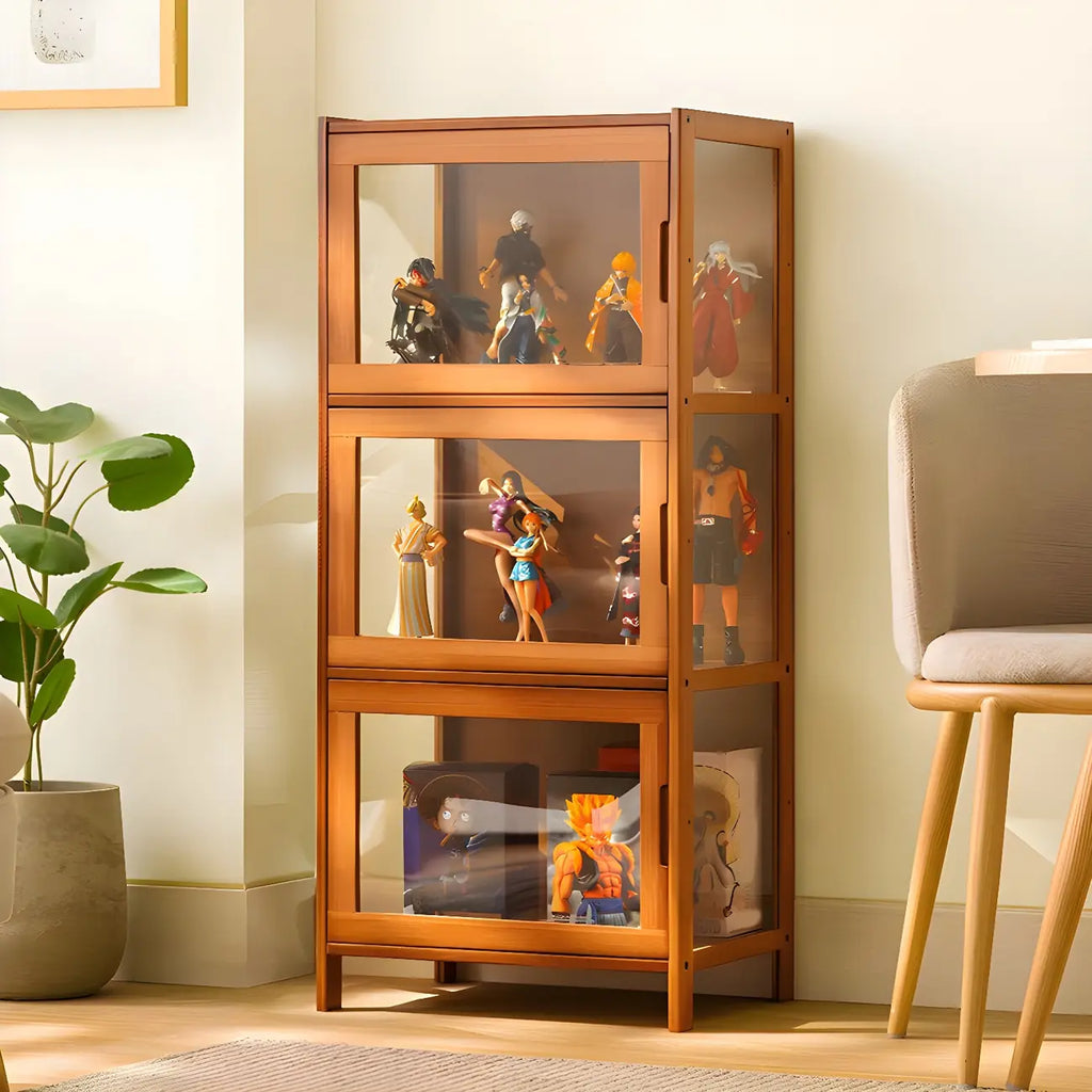 Vitrine haute moderne en bambou avec portes vitrées