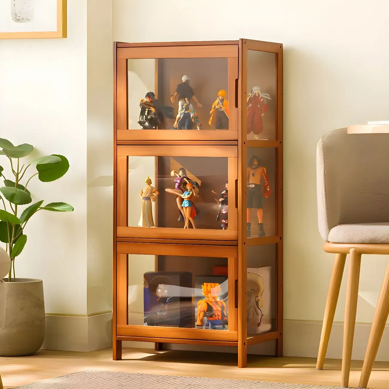 Vitrine haute moderne en bambou avec portes vitrées