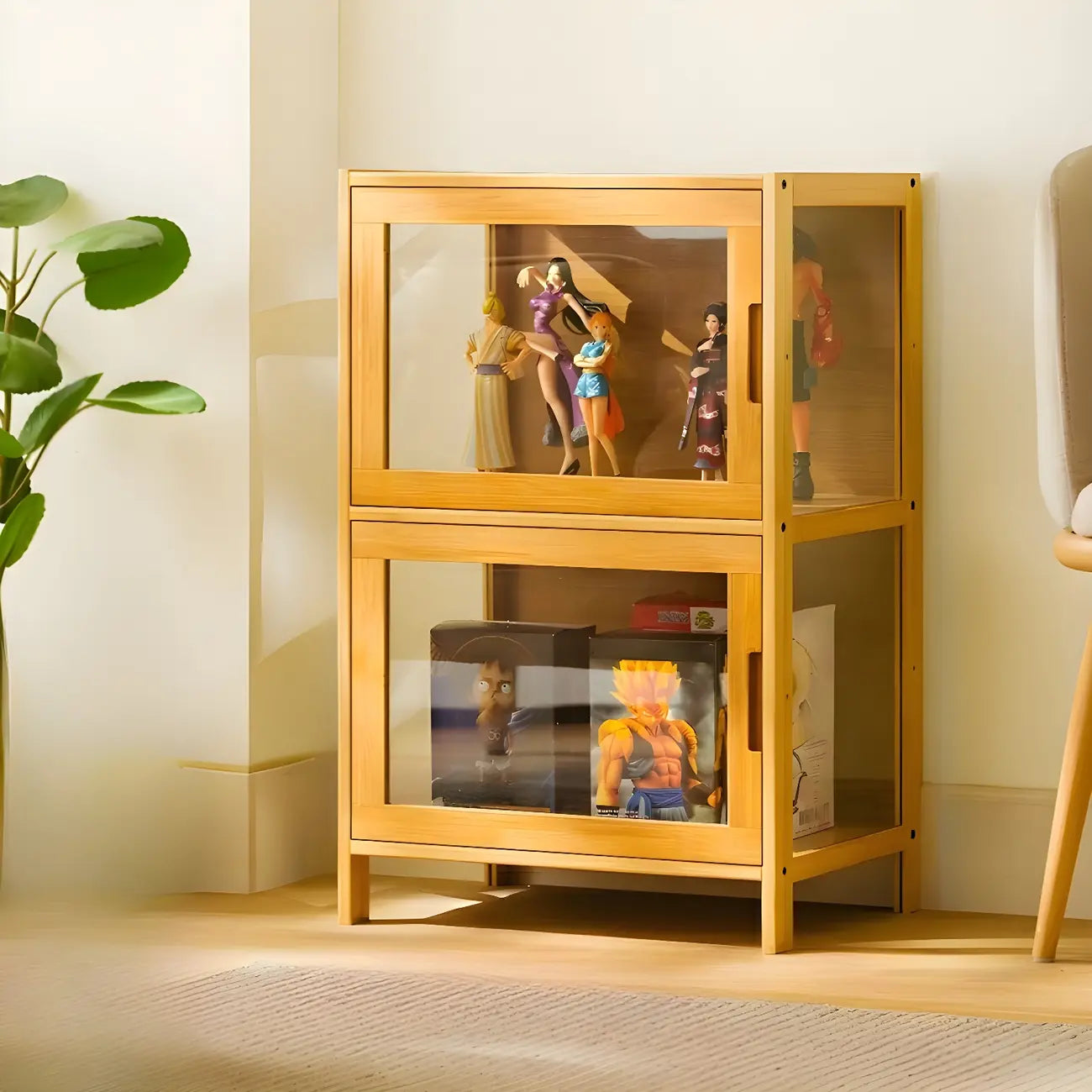 Vitrine haute moderne en bambou avec portes vitrées