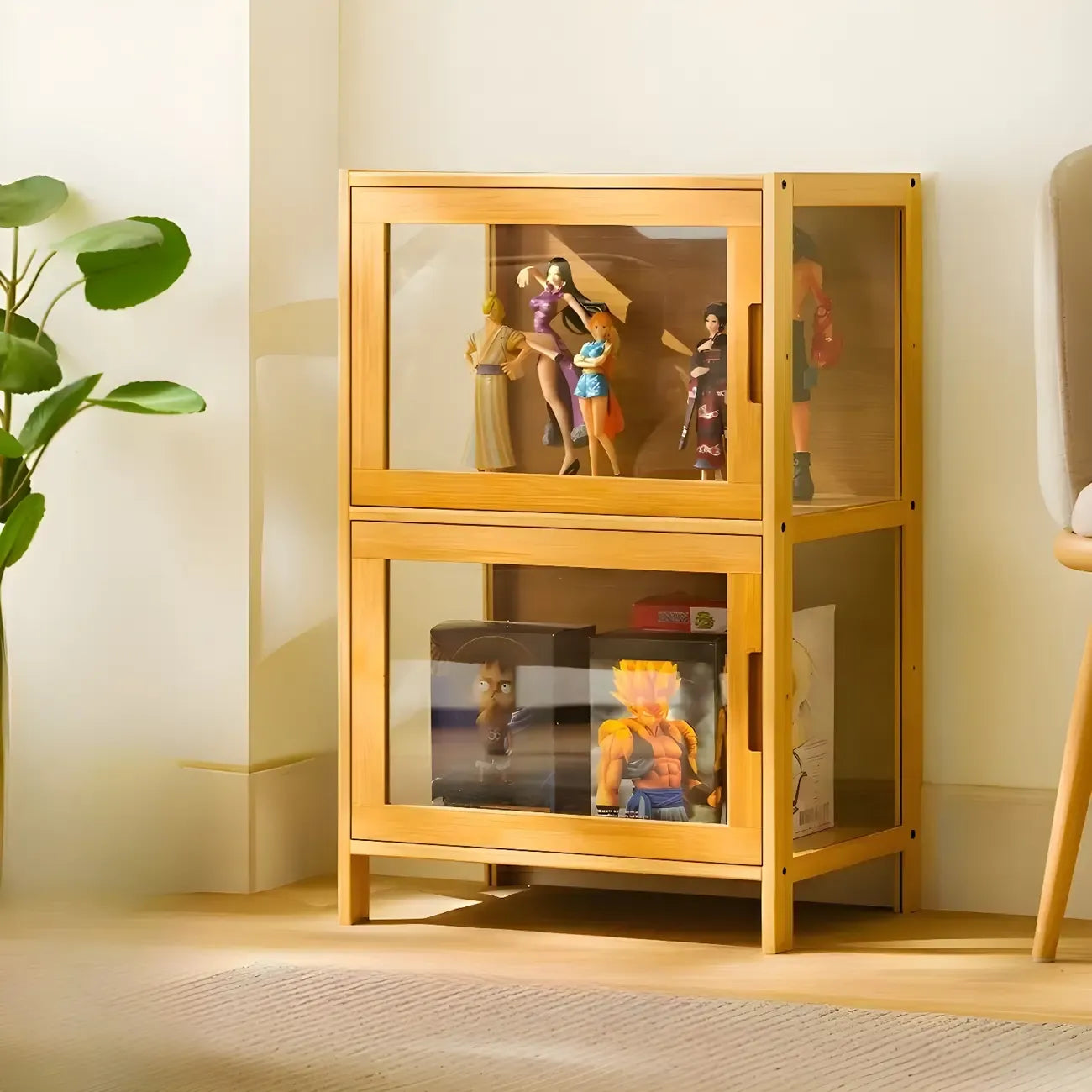 Vitrine haute moderne en bambou avec portes vitrées