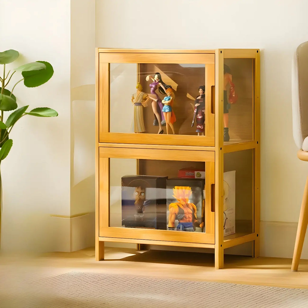 Vitrine haute moderne en bambou avec portes vitrées