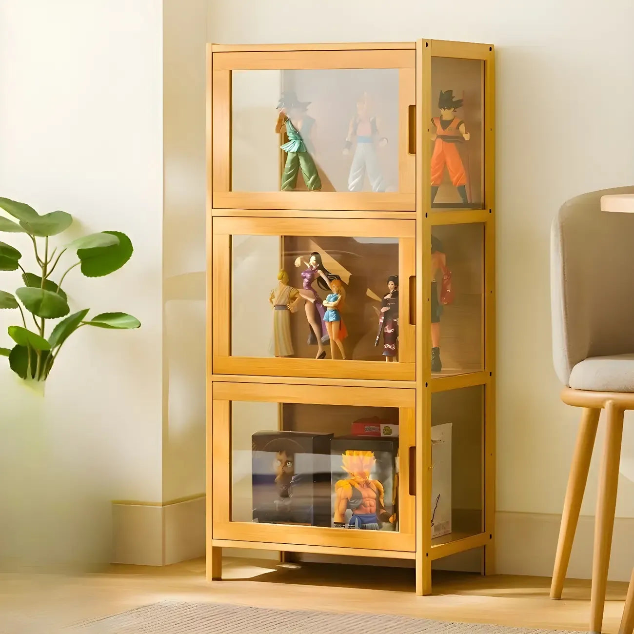 Vitrine haute moderne en bambou avec portes vitrées