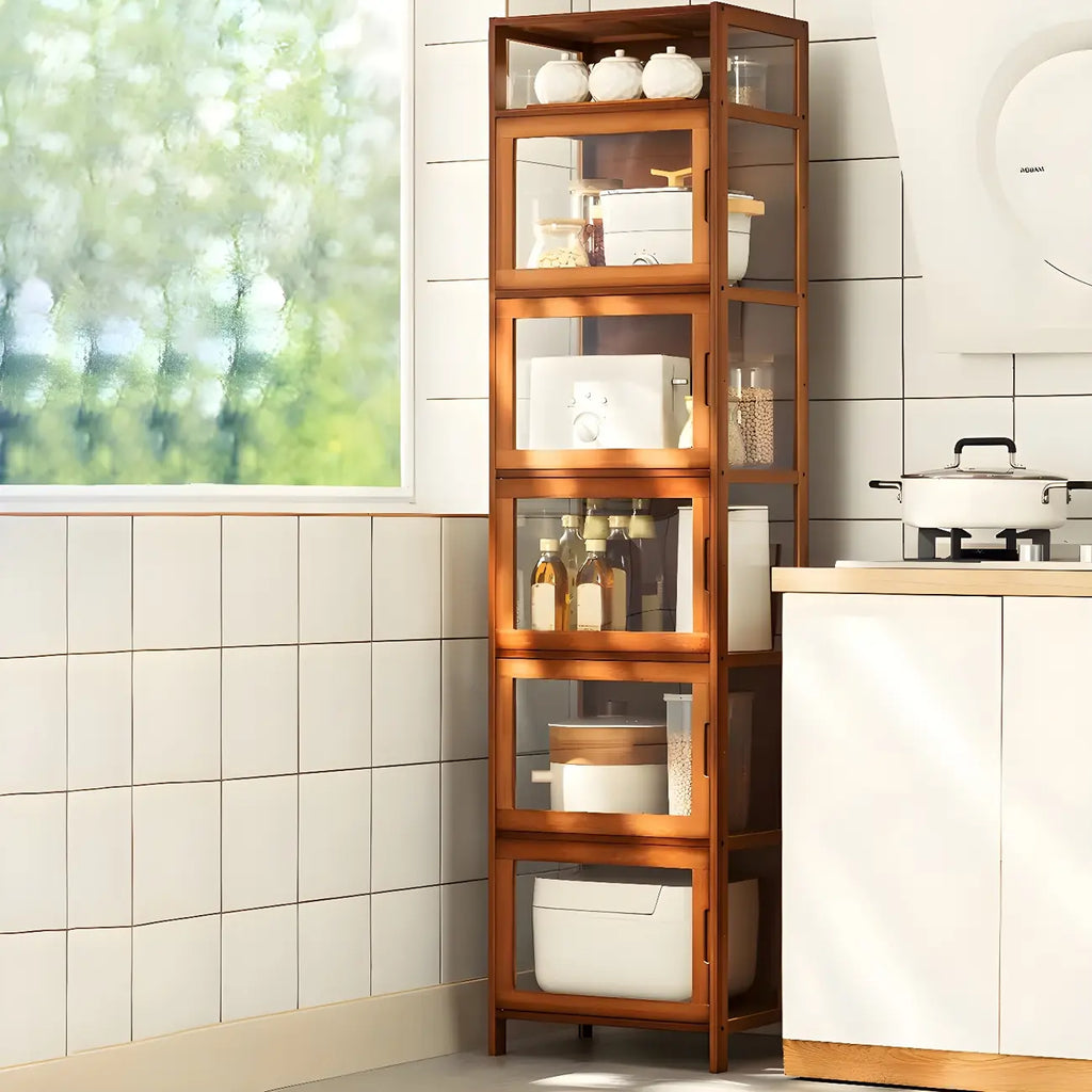 Vitrine haute moderne en bambou avec portes vitrées