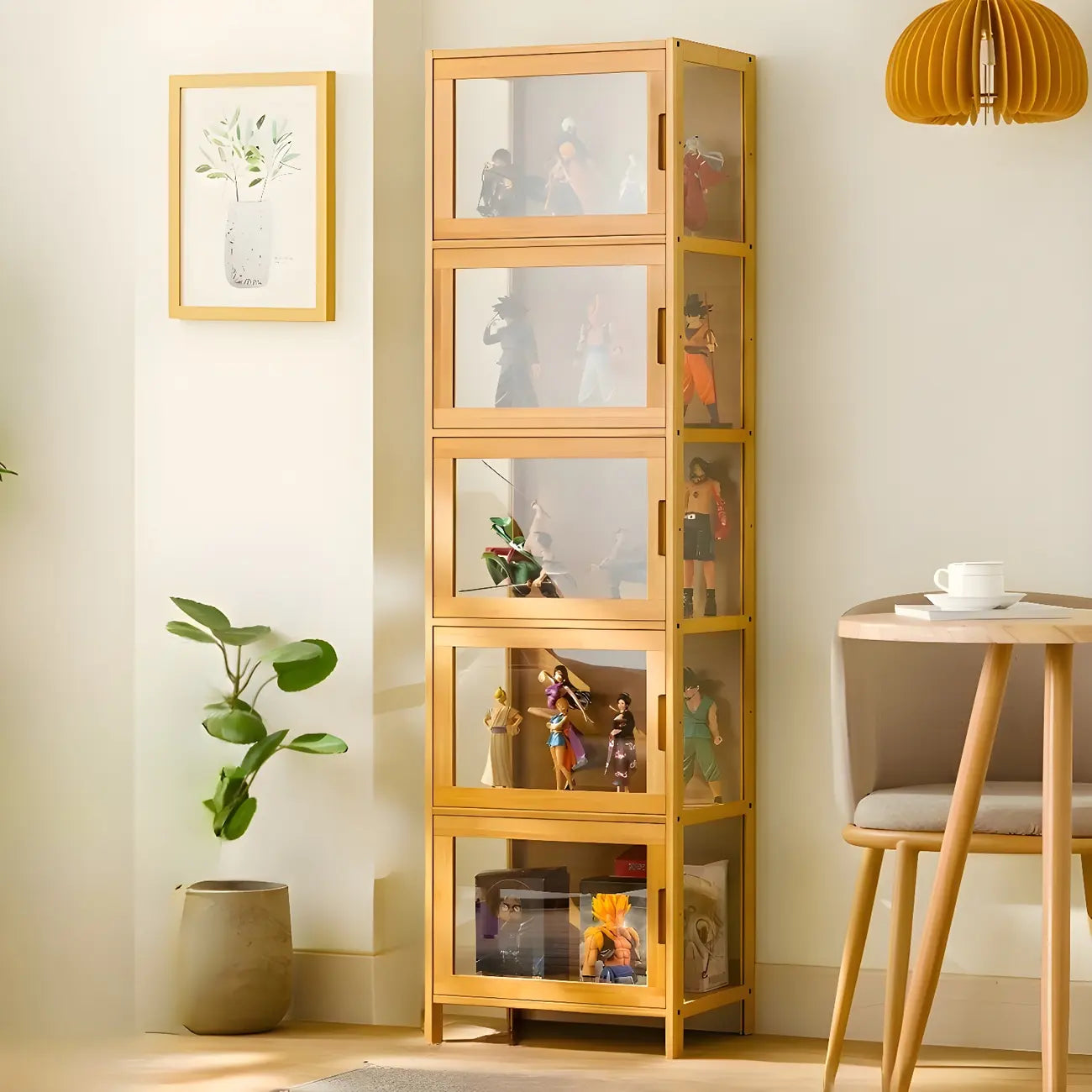 Vitrine haute moderne en bambou avec portes vitrées