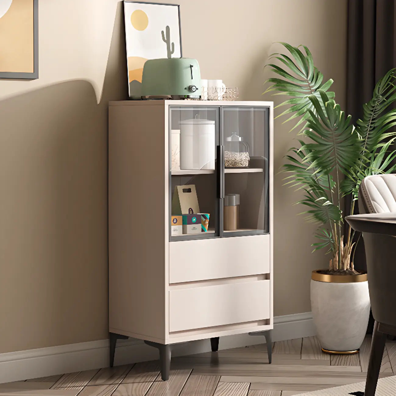 Vitrine en bois kaki avec étagère réglable et tiroir